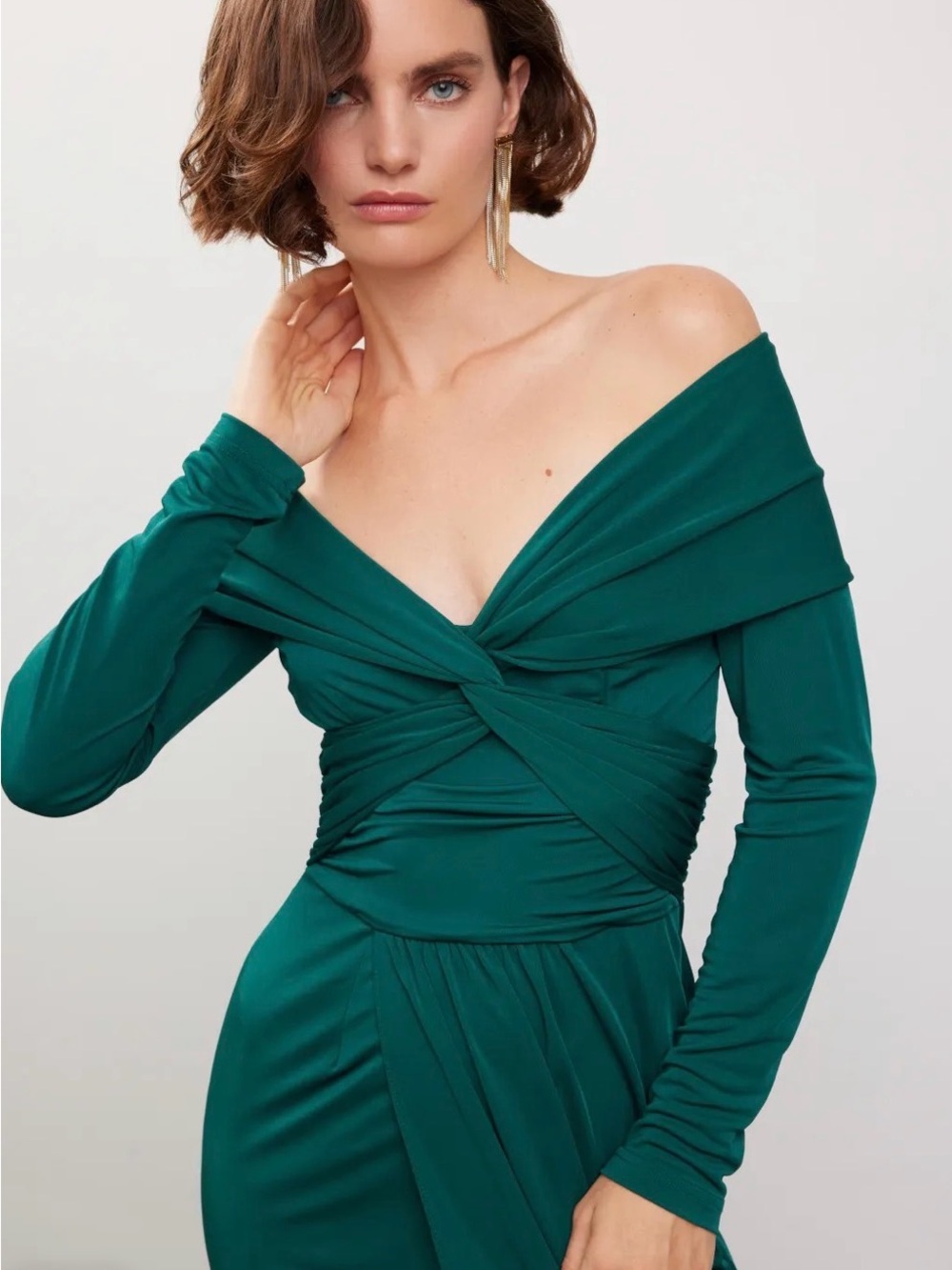 Zac Posen Off-Shoulder Twist-Front Maxi Dress in Emerald